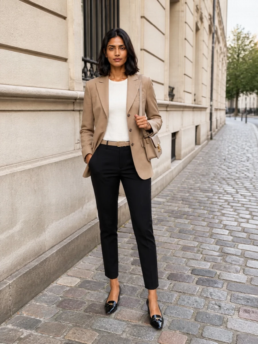 Celine camel blazer black tailored trousers outfit