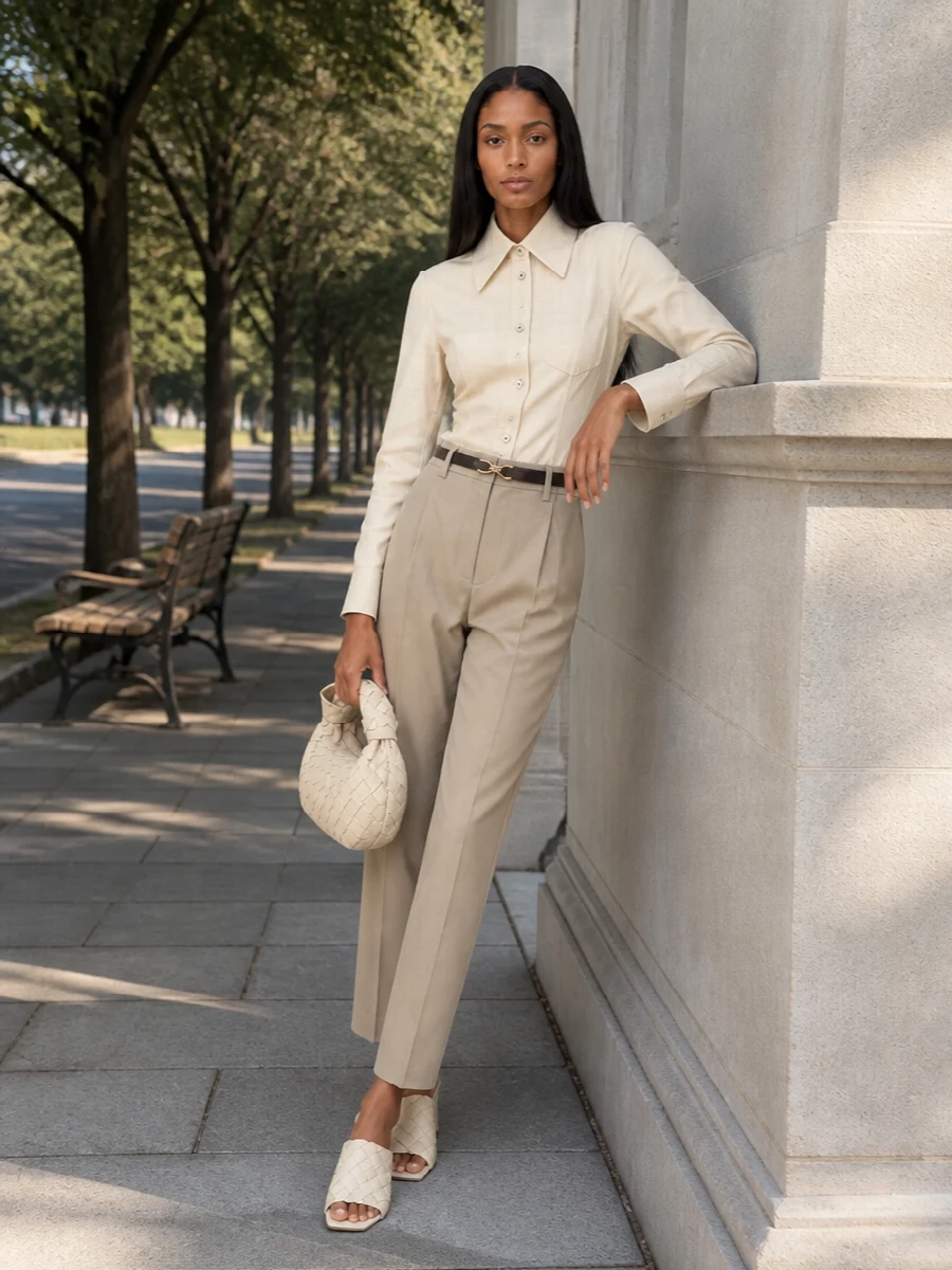Bottega veneta beige trousers buttercream shirt