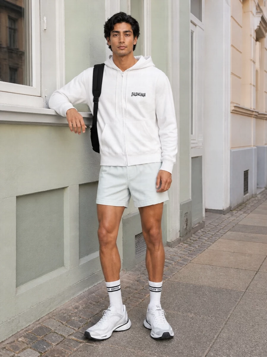 Balenciaga white hoodie sport shorts outfit