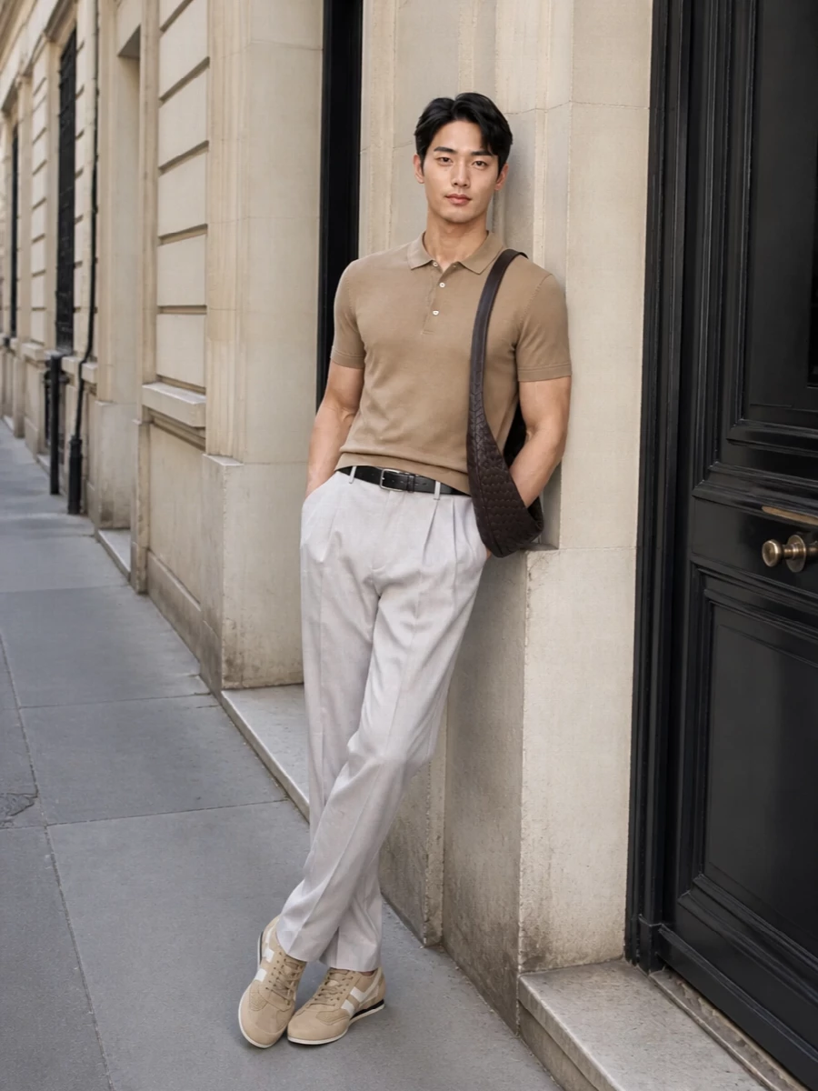 This look leans into soft neutrals and clean lines: the sand Tom Ford polo pairs with light-stone pleated trousers for a refined, elongated silhouette that feels effortless in warm weather. Sand suede sneakers keep things relaxed yet polished, while the espresso intrecciato crossbody and discreet black belt add just enough texture and structure to underline the quiet-luxury attitude without breaking the palette’s calm, tonal harmony.