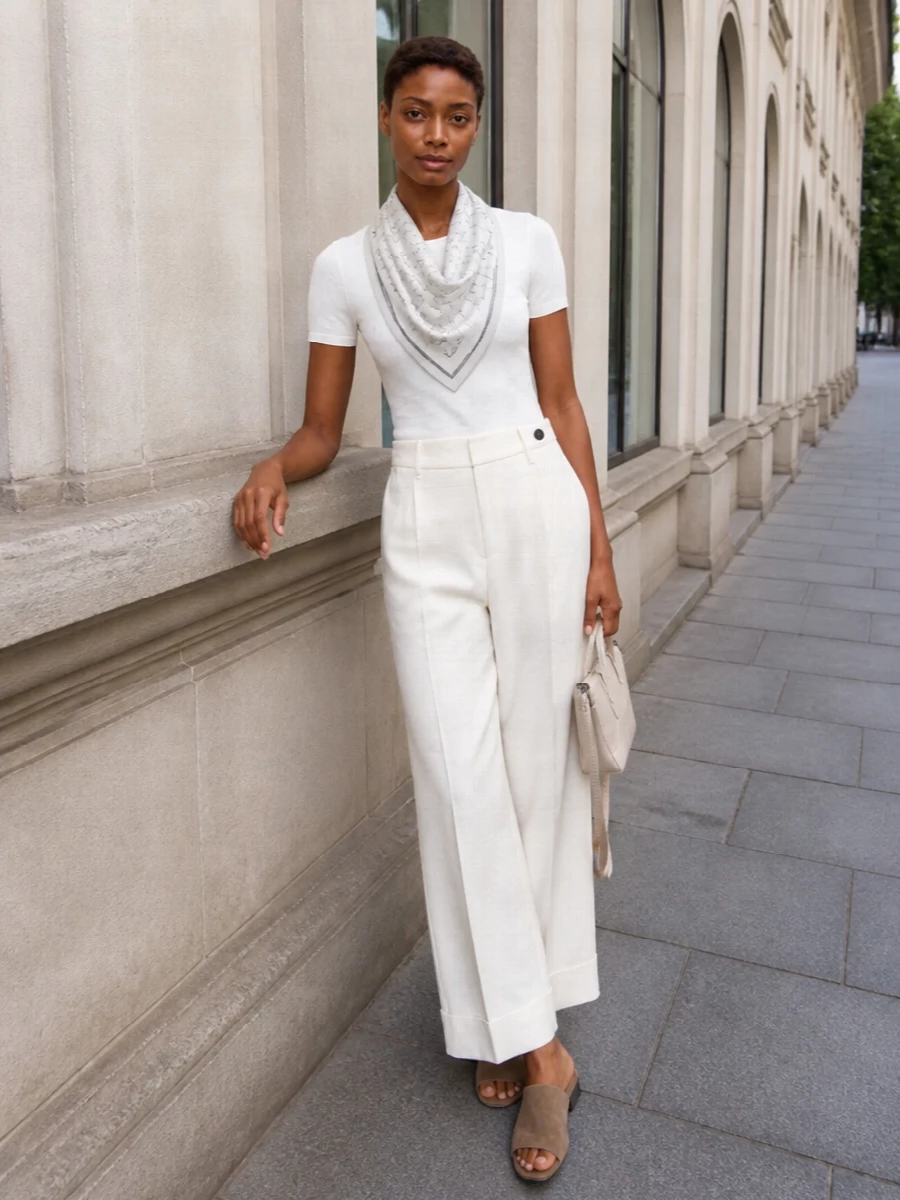 A soft Brunello Cucinelli tee anchors creamy high-waisted wide-leg trousers for a long, clean line that feels relaxed yet decidedly polished. Taupe suede slides and a small ivory top-handle bag keep the palette tonal and textural. A gauzy Margiela silk scarf adds just enough graphic detail to make the neutrals feel intentional rather than plain.