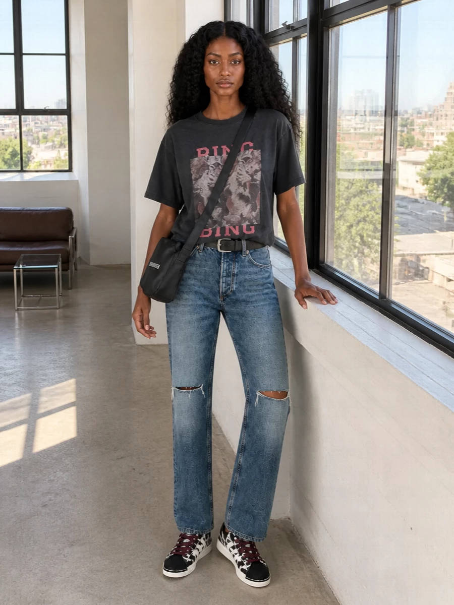 Anine bing graphic tee straight jeans adidas sneakers
