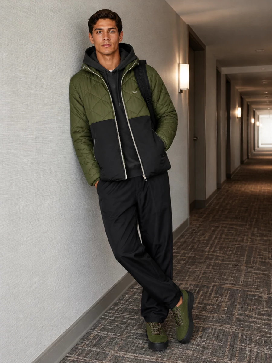 Vans olive padded jacket skate sneakers outfit