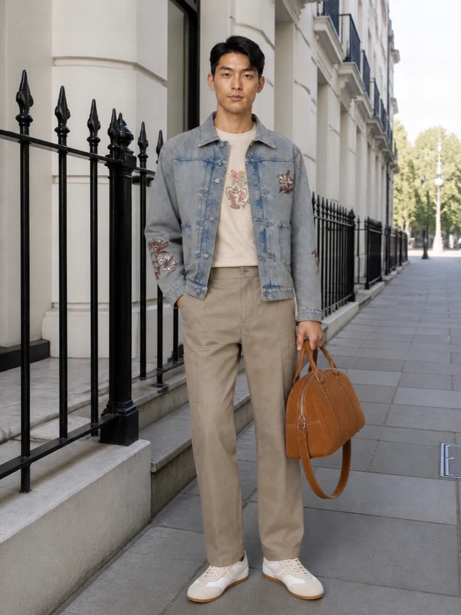 Drole de monsieur denim jacket chinos outfit