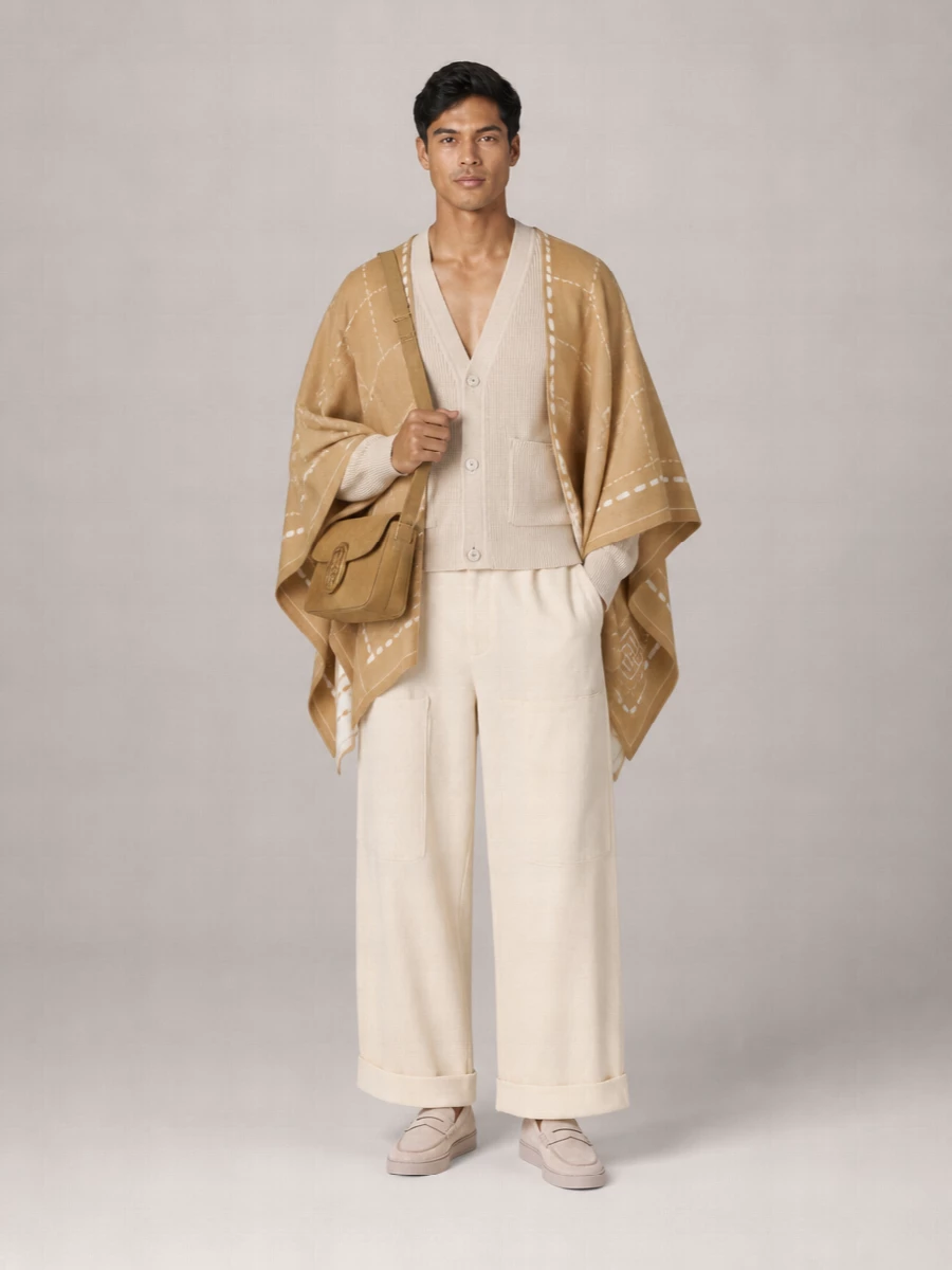 A camel and ivory story built around Fendi’s draped poncho, grounded by fluid beige tailoring and soft preppy knitwear. Pale suede loafers and a camel suede crossbody keep the mood quietly polished, ideal for spring city days or travel when you want ease with intention.