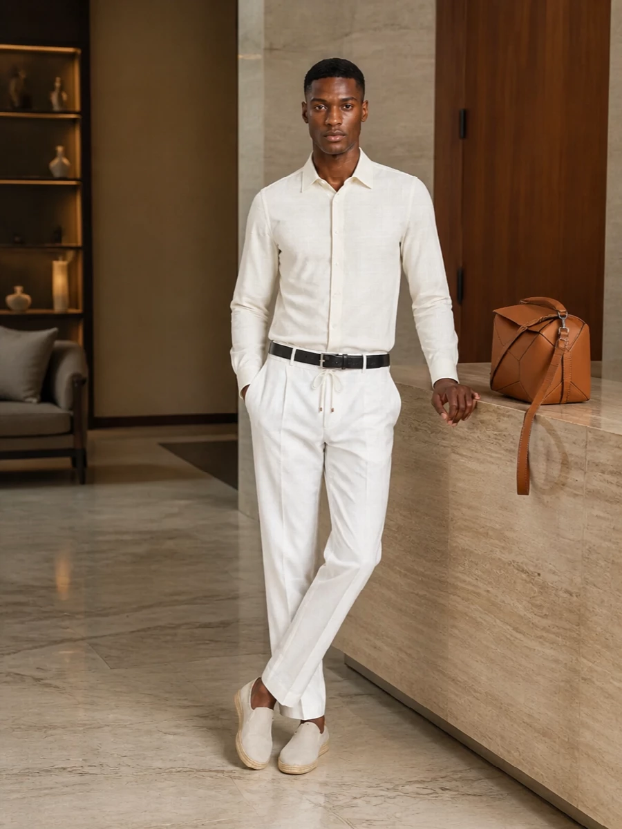 Soft white drawstring trousers paired with the off‑white Brunello Cucinelli shirt create a tonal, almost monochrome column that feels airy yet polished for warm‑weather days. Light‑beige espadrille slip‑ons keep the mood relaxed but refined, while the tan Loewe geometric bag and a discreet black Bottega belt add just enough structure and contrast to signal elevated, quiet‑luxury intention without disturbing the calm palette.