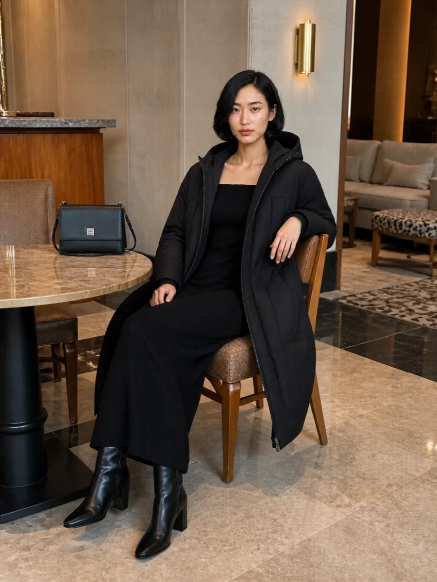 Max mara black knit maxi dress puffer outfit