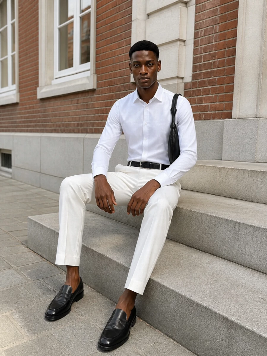 Lardini white shirt off white trousers tods loafers
