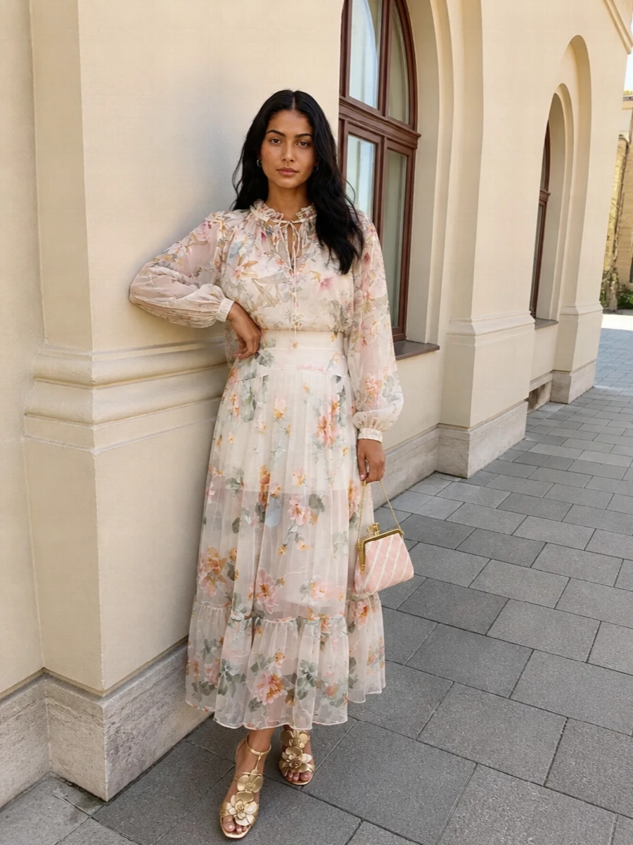 A sheer floral Zimmermann blouse in soft ivory, blush, and sage pairs with the tiered midi skirt for a cloud-light, romantic silhouette that moves beautifully with every step. Metallic champagne sandals and a petite blush framed bag add a subtle occasion shimmer without breaking the pastel harmony. A gauzy, washed-floral scarf finishes the ensemble with a whisper of extra texture and color for sunlit weddings or garden parties.