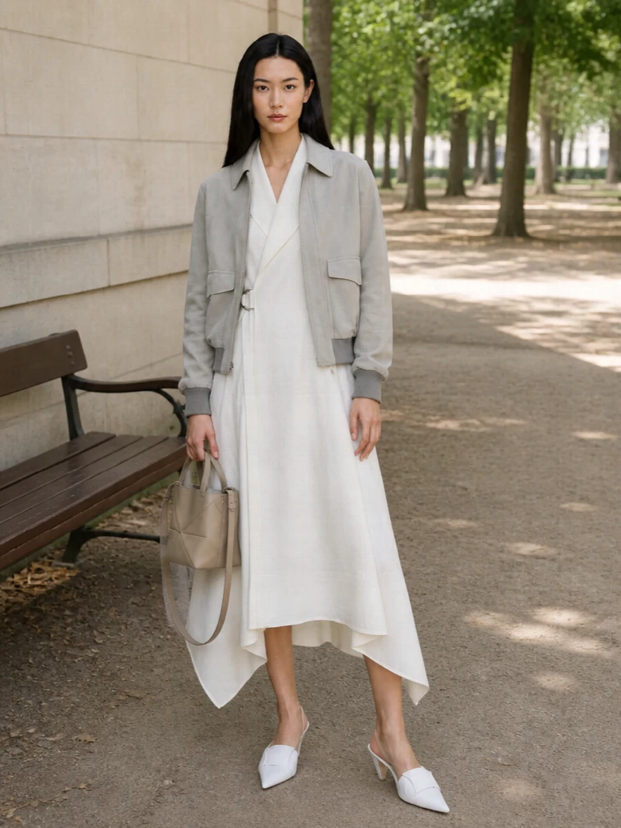 Loewe suede jacket ivory wrap dress outfit
