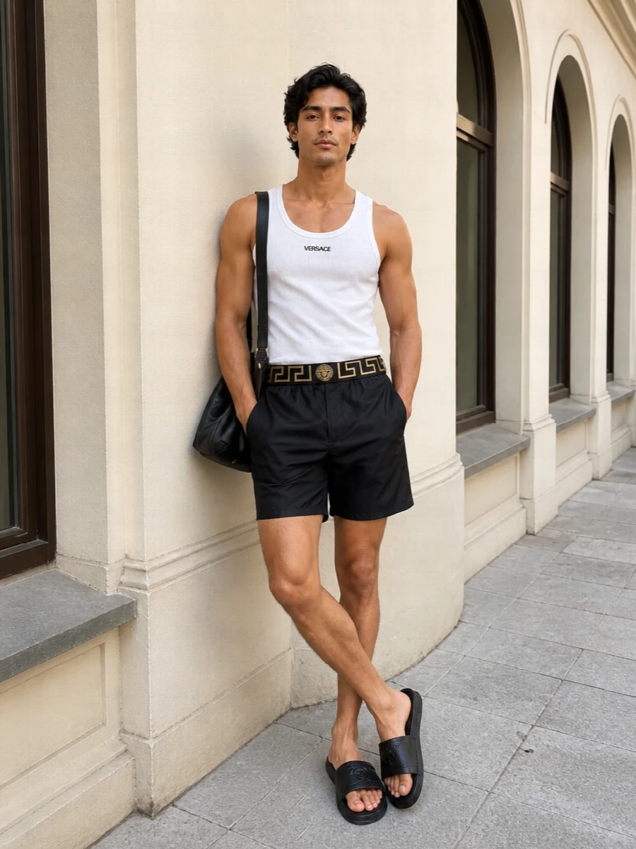 Versace white tank black greca swim shorts outfit