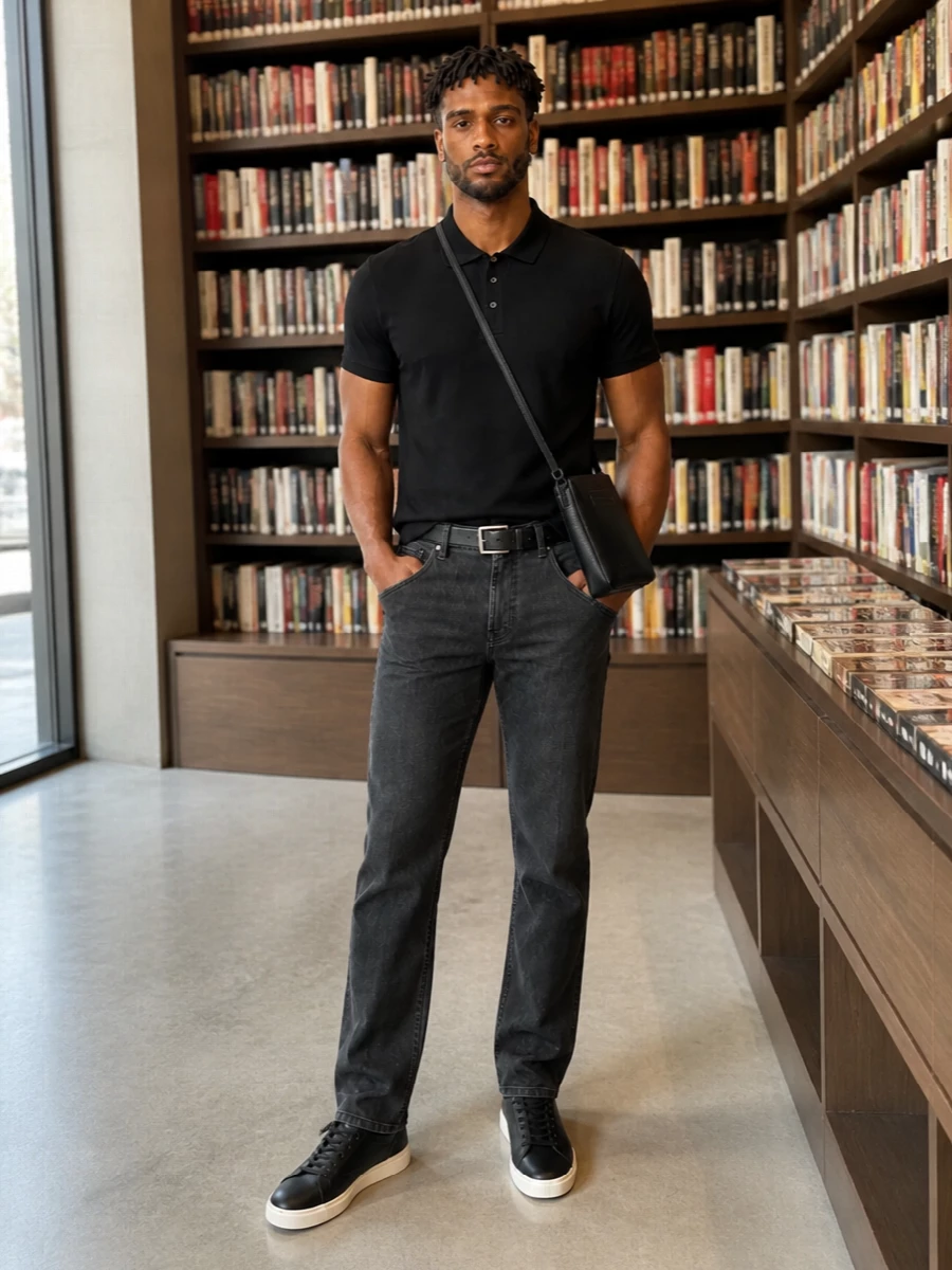 Emporio armani black polo charcoal trouser outfit