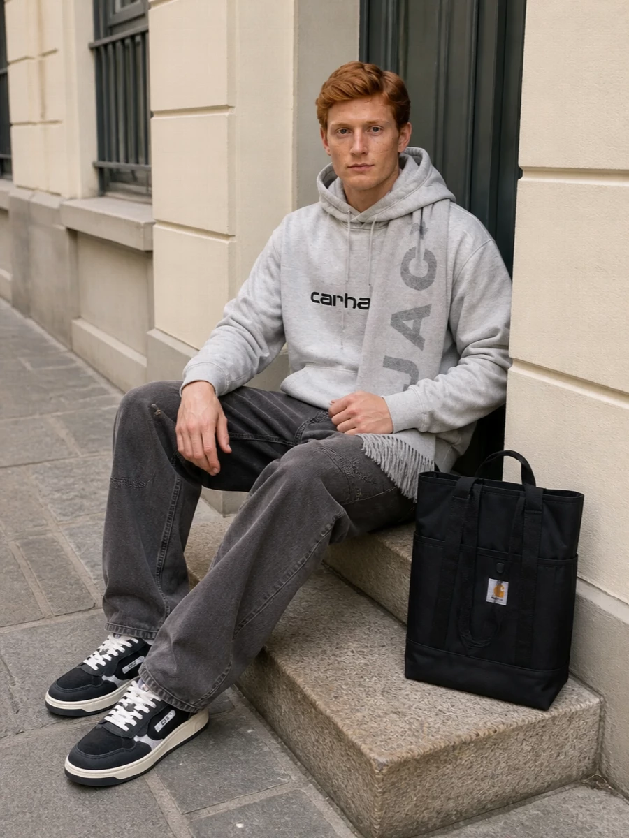 Carhartt hoodie charcoal workwear jeans sneakers