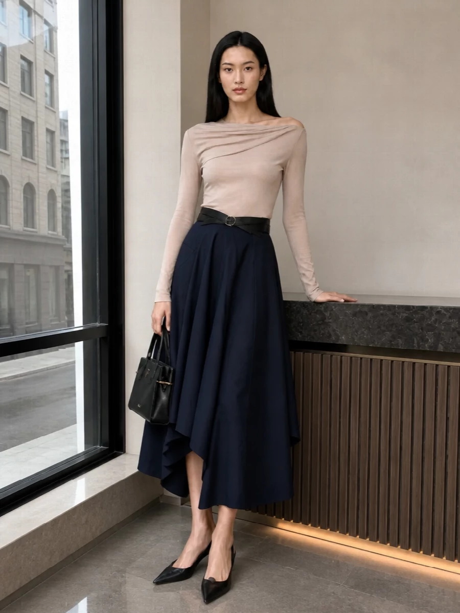 Givenchy navy midi skirt asymmetric nude top
