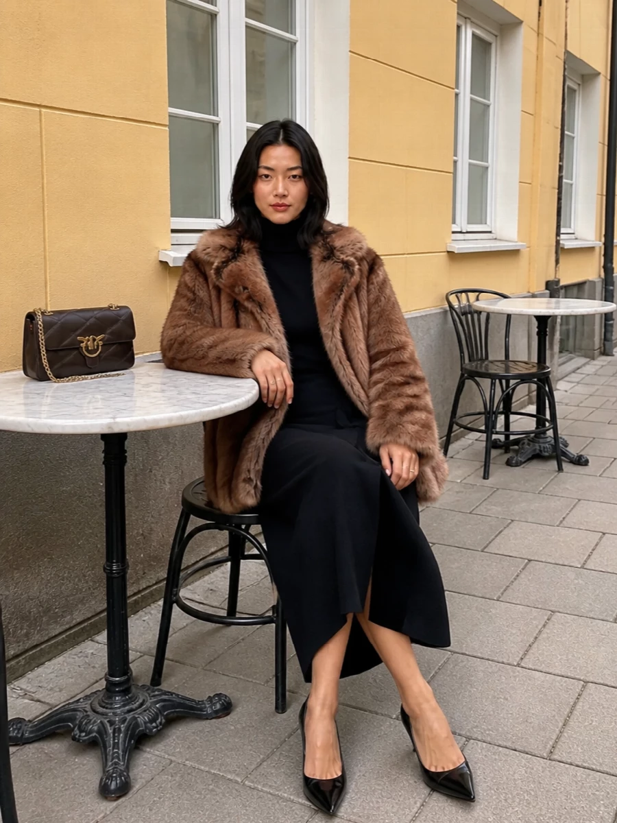 Pinko faux fur coat black knit midi dress outfit