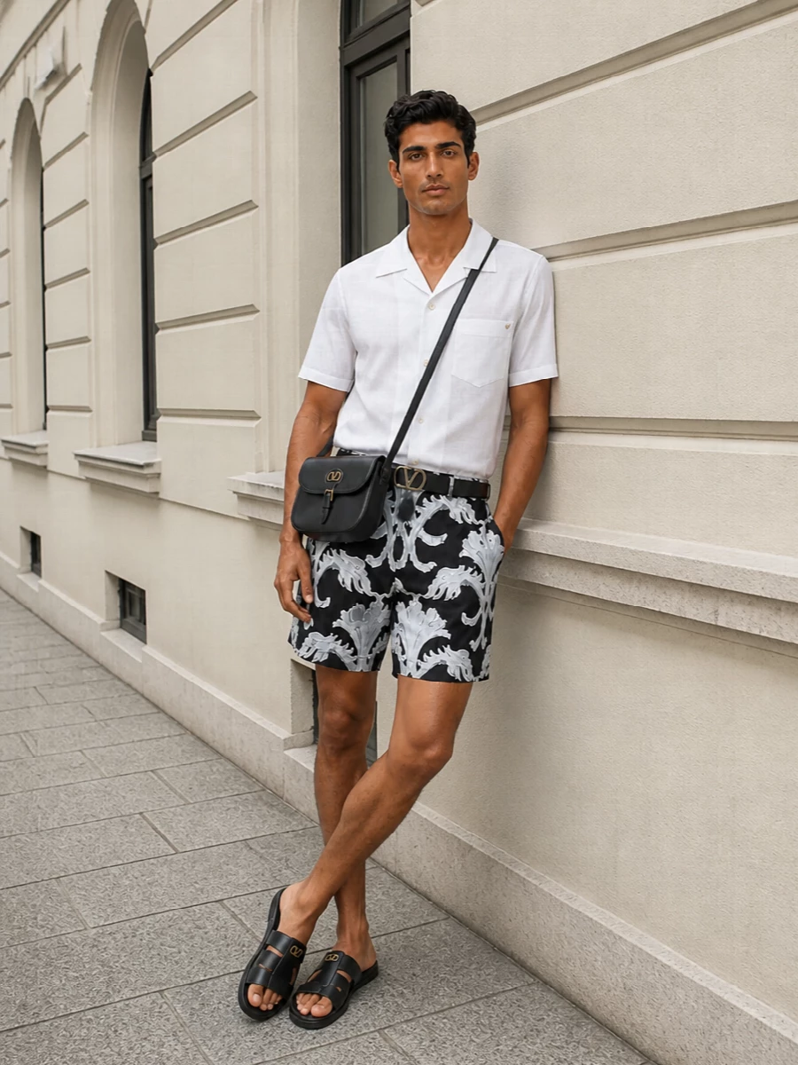 Valentino black swim shorts white camp shirt