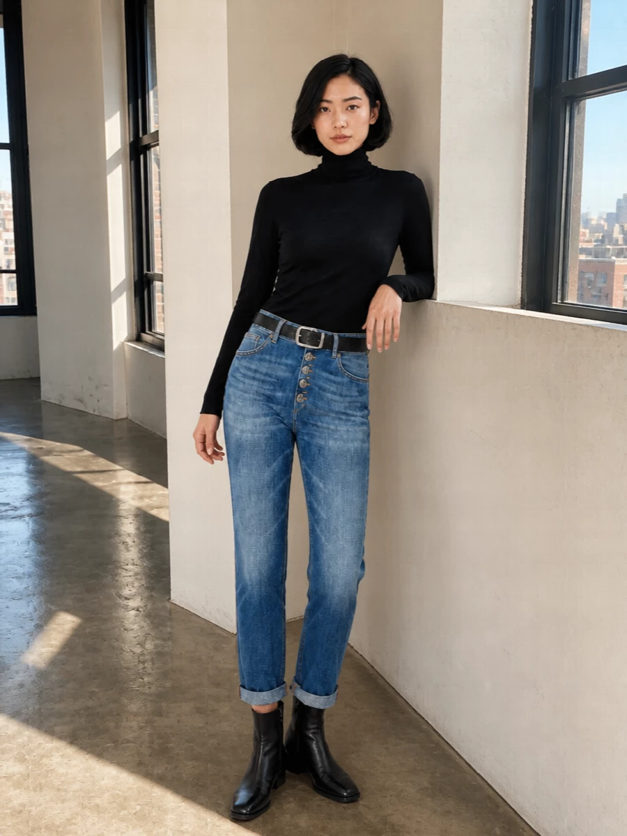 A high-rise, softly faded jean is grounded with a clean black turtleneck for a sharp but relaxed city uniform. A slim black belt and sculpted ankle boots define the proportions, while the structured two-tone tote keeps the denim story cohesive and practical. The result is minimal, polished and easy to wear from daytime errands to casual dinners.
