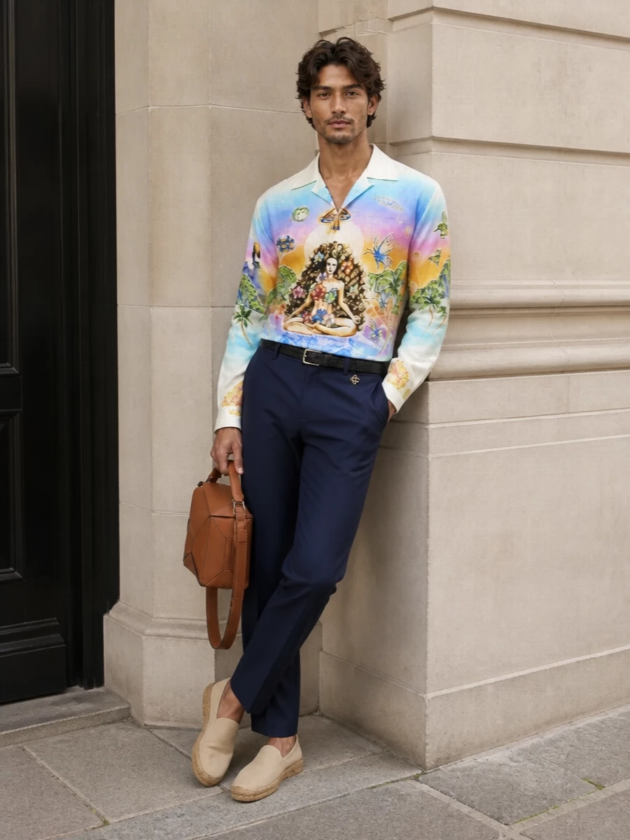 This look lets the Casablanca goddess shirt be the art piece, grounding its cosmic sunset palette with deep-navy tailored trousers for a relaxed yet precise silhouette. Sand Saint Laurent espadrilles keep the mood resort and barefoot-adjacent, while the tan Loewe shoulder bag and a discreet Bottega belt add just enough quiet luxury structure without stealing focus from the print. It’s a polished terrace-to-club outfit that feels fluid, bohemian and confidently refined.