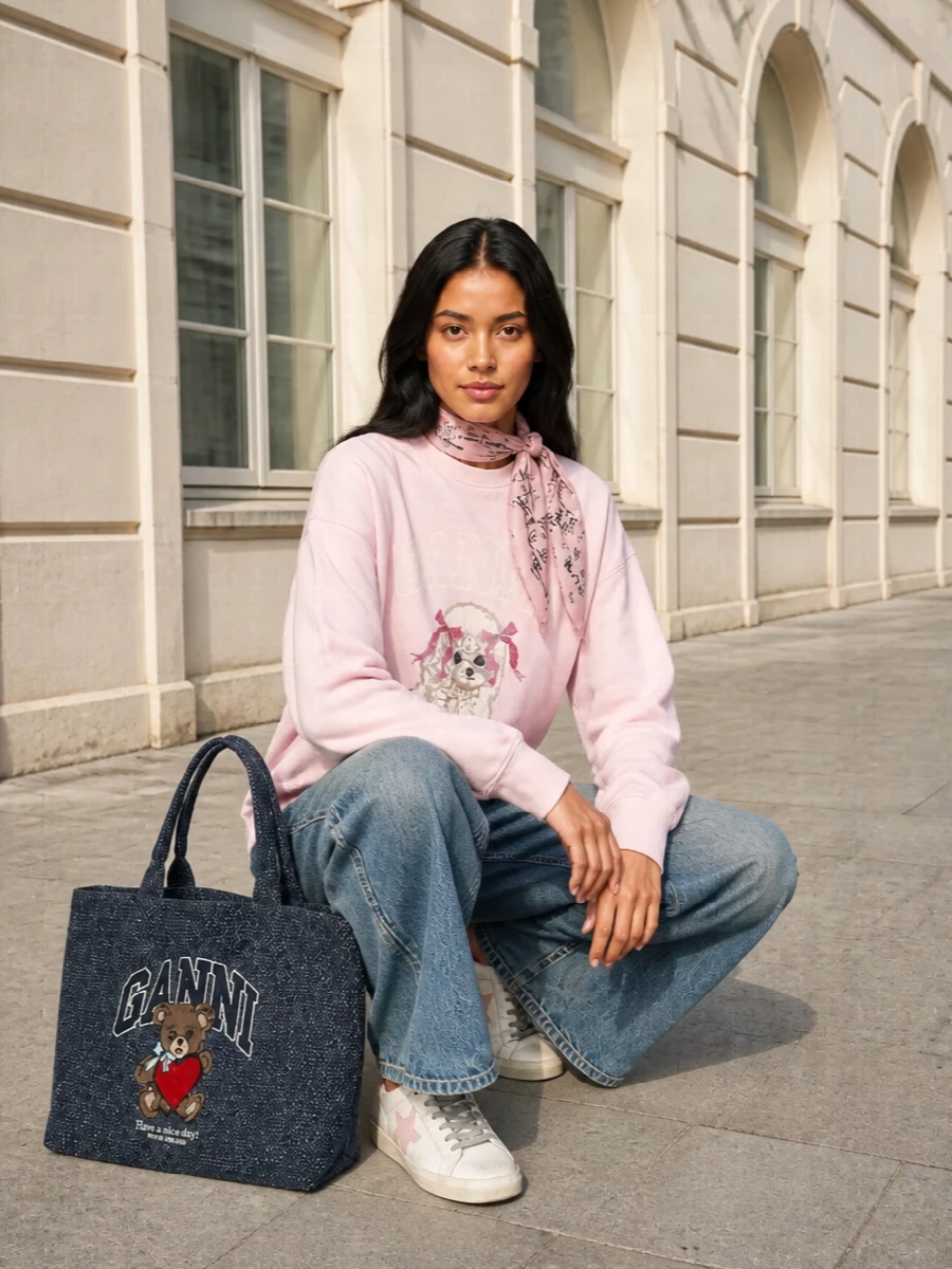 Ganni pink sweatshirt wide leg jeans sneakers