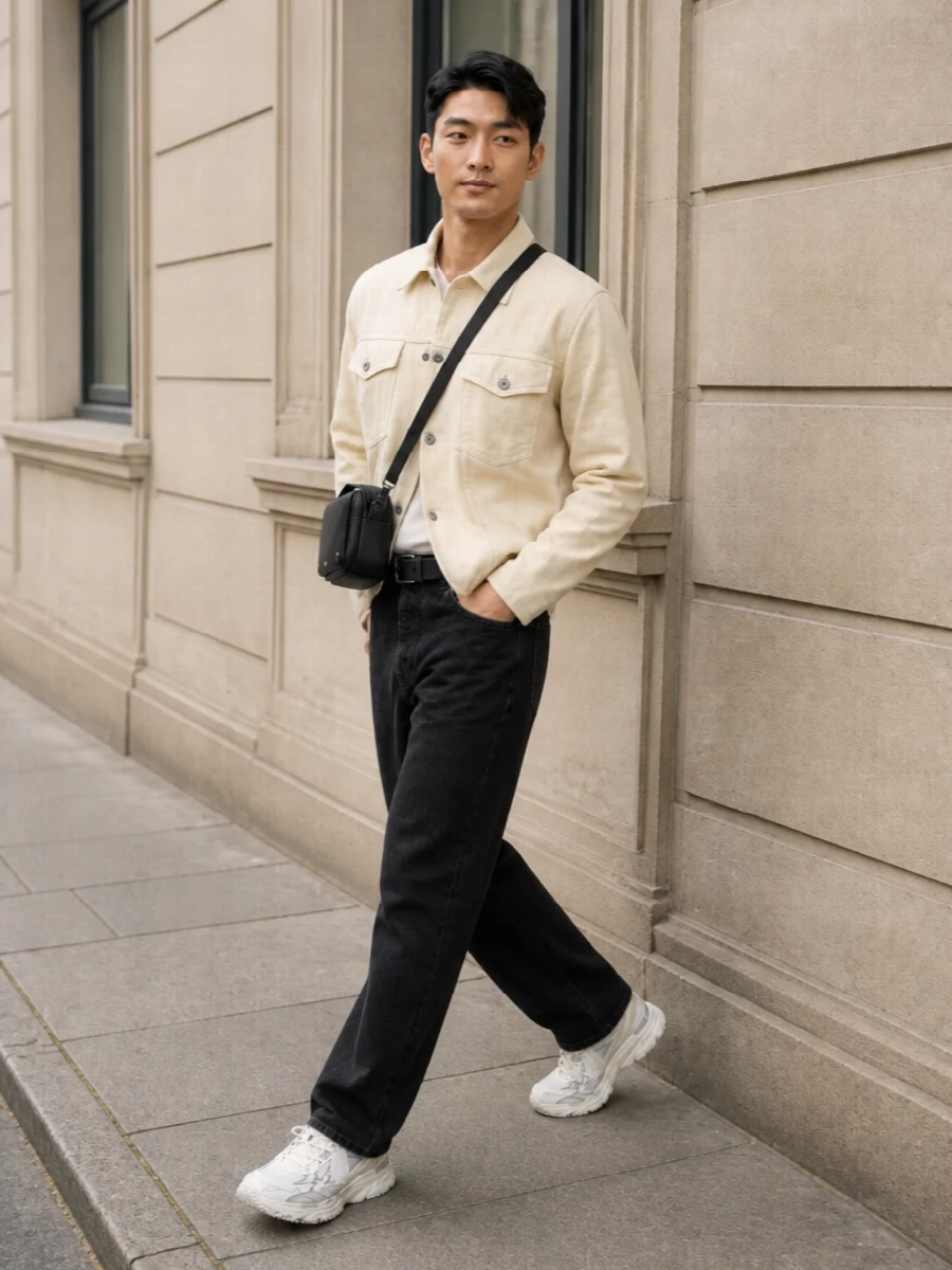 Off white workwear shirt black straight leg jeans