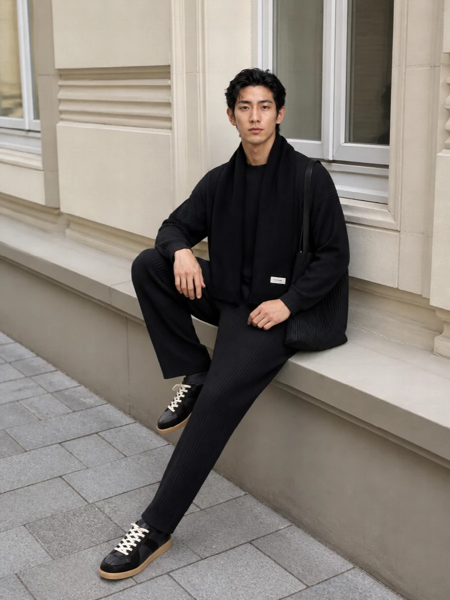 A head-to-toe pleated uniform in inky navy and black keeps the line long and graphic while feeling relaxed enough for city movement and travel. Dark Margiela sneakers and a sculptural pleated bag ground it in the same design-first, quietly luxurious mood, with a black scarf adding winter depth without disturbing the clean silhouette.