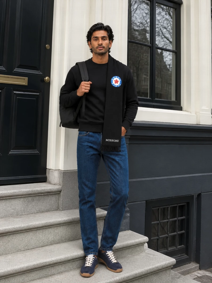 Kenzo black sweatshirt dark jeans sneakers