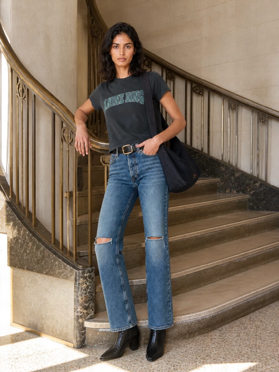Anine Bing’s distressed straight jeans meet a washed charcoal logo tee for a tight, mid-rise silhouette that reads casual but intentional. A pointed black ankle boot sharpens the line, while a dark-indigo cross-body and slim gold-buckled belt quietly echo the denim and hardware. The result is a clean, off-duty city uniform with just enough edge in the details to feel current rather than basic.