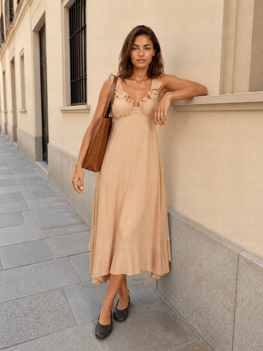 Soft nude and cognac tones play against the charcoal Bottega flats for a warm, romantic take on quiet luxury. The Chloé empire-line dress gives a fluid, elongated line that feels polished but not rigid, ideal for garden dinners, gallery days or understated occasions. Choosing the dress over separates keeps the silhouette clean and lets the texture and subtle color shifts do the work alongside the woven flats.