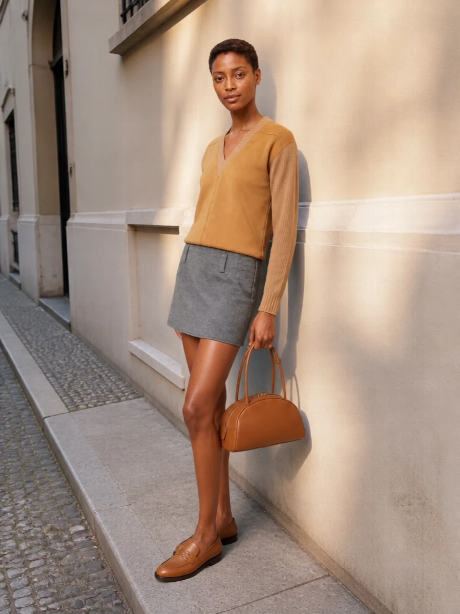 Camel and grey meet in a quietly polished pairing, with the V‑neck knit grounded by a sharp, uniform-inflected mini. Fringed loafers and a compact top‑handle bag keep the mood preppy and precise while staying relaxed enough for city days. The result feels studious, warm and subtly luxurious in a way that reads considered rather than styled.