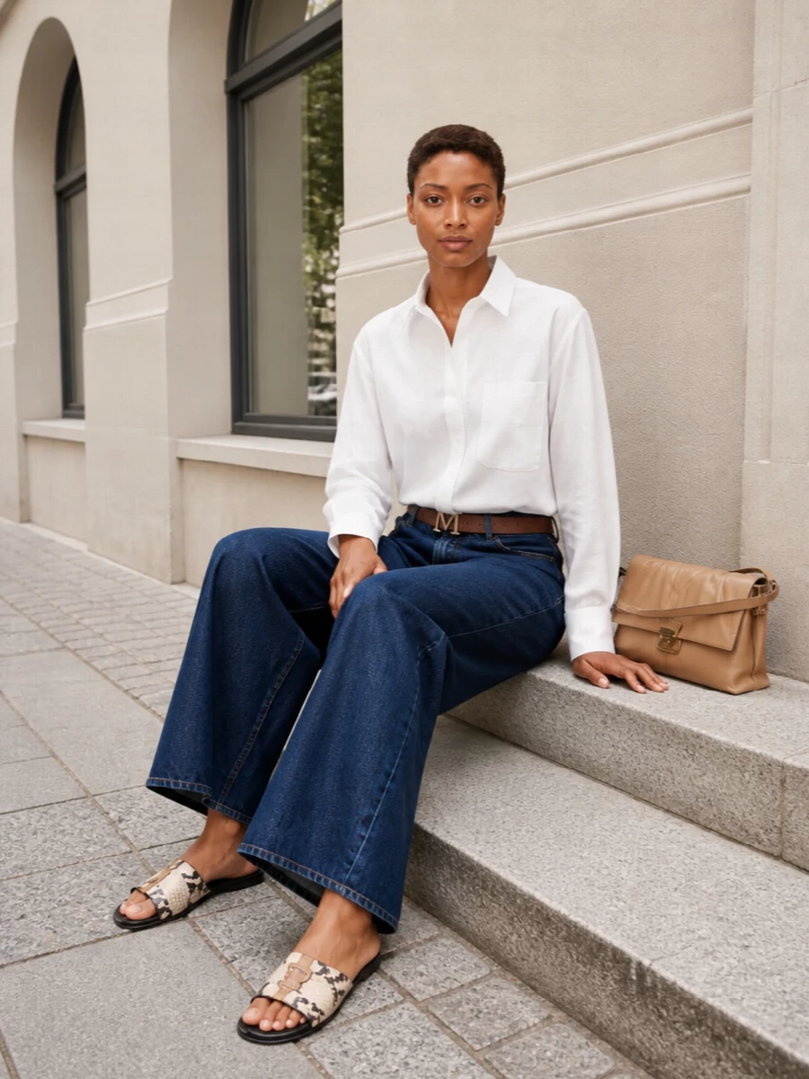 Max mara wide leg jeans white shirt camel bag