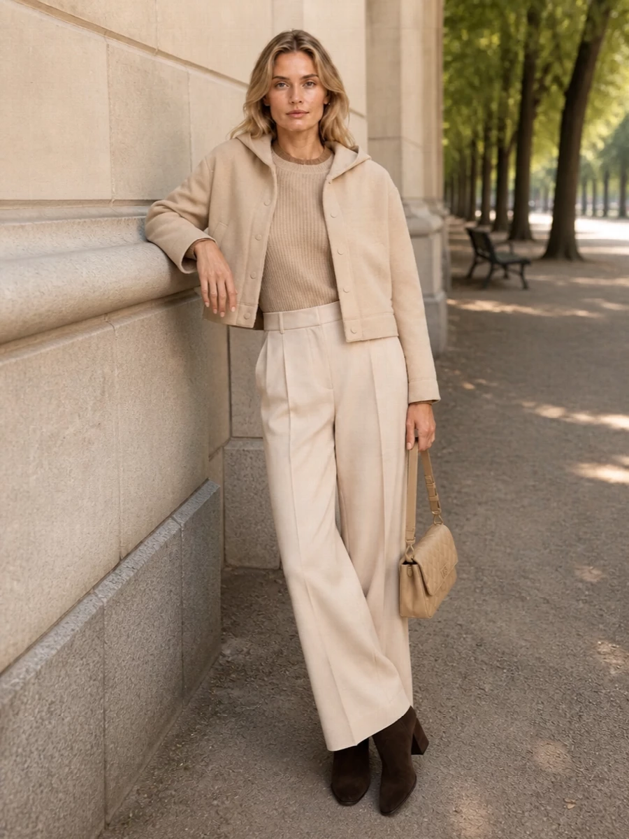 Max mara beige wide leg trouser ankle boots outfit
