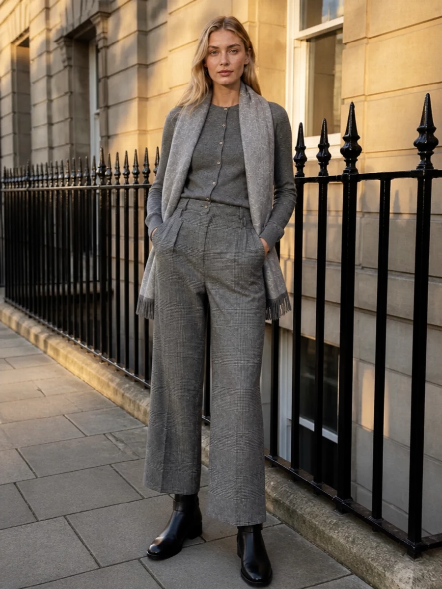 Dolce gabbana grey cardigan wide leg trousers outfit
