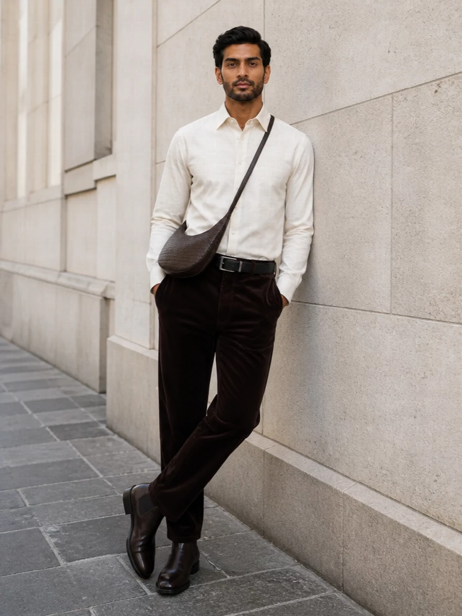 Deep espresso tailoring is lifted with an off‑white Prada shirt, creating a quietly graphic contrast that still reads soft and refined. Dark brown Chelsea boots and a matching intrecciato crossbody keep the palette in the chocolate–espresso family, while a discreet black belt sharpens the waistline for an elegant, day‑to‑evening SS look.