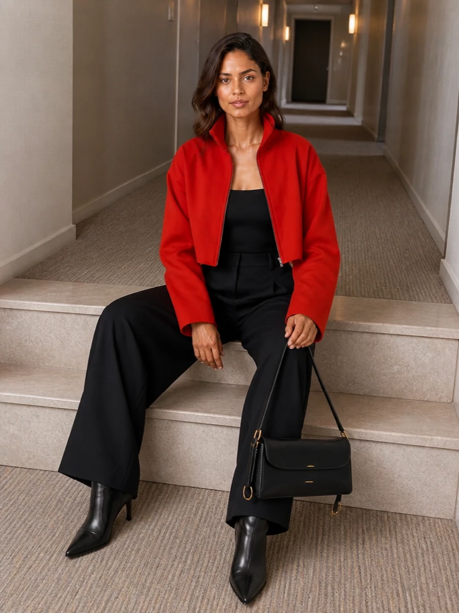 Alaia red jacket black wide leg trousers outfit
