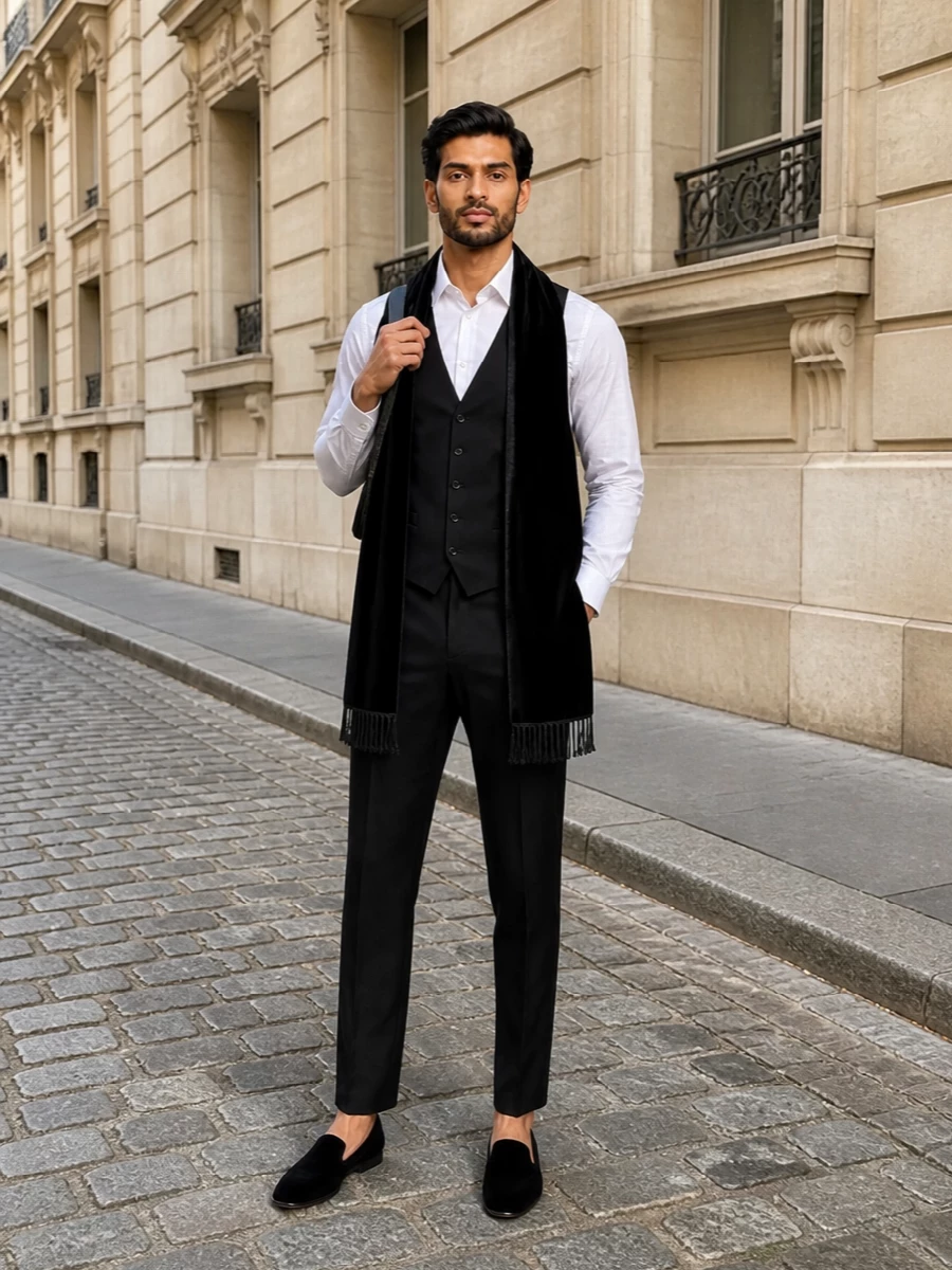 A strict black palette keeps the waistcoat and slim trousers almost architectural, while velvet at the neck and on the feet adds just enough tactility for evening dinners. The result is a quietly assertive tux-inspired ensemble that feels polished under low light yet never showy.