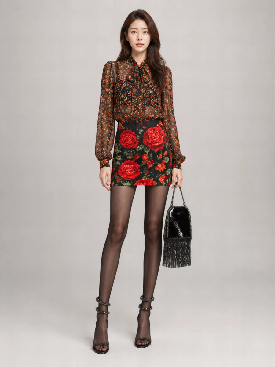 A dark floral-on-floral story keeps the focus on the rose-print mini while the black ground pulls everything into a seductive FW evening mood. Sheer tights, crystal-serpent stilettos and a fringed sequin bag dial up the romantic Y2K drama without losing polish. The result is unapologetically feminine and built for nights when you want every step to catch the light.