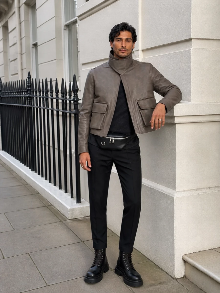 Rick owens leather jacket black trousers outfit