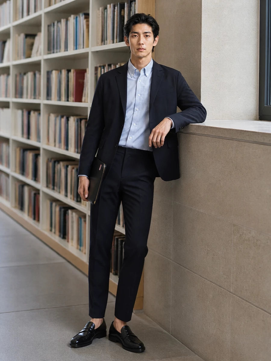 Ink navy tailoring, a light blue oxford and slim black loafers frame a quiet Thom Browne uniform that feels precise but not stiff. The relaxed blazer and slim trousers read as a soft suit, while the black leather pouch and penny loafers keep the finish clean for office days that run into evening reservations. It is a modern business-city edit, minimal on color and detail so the cut does the talking.