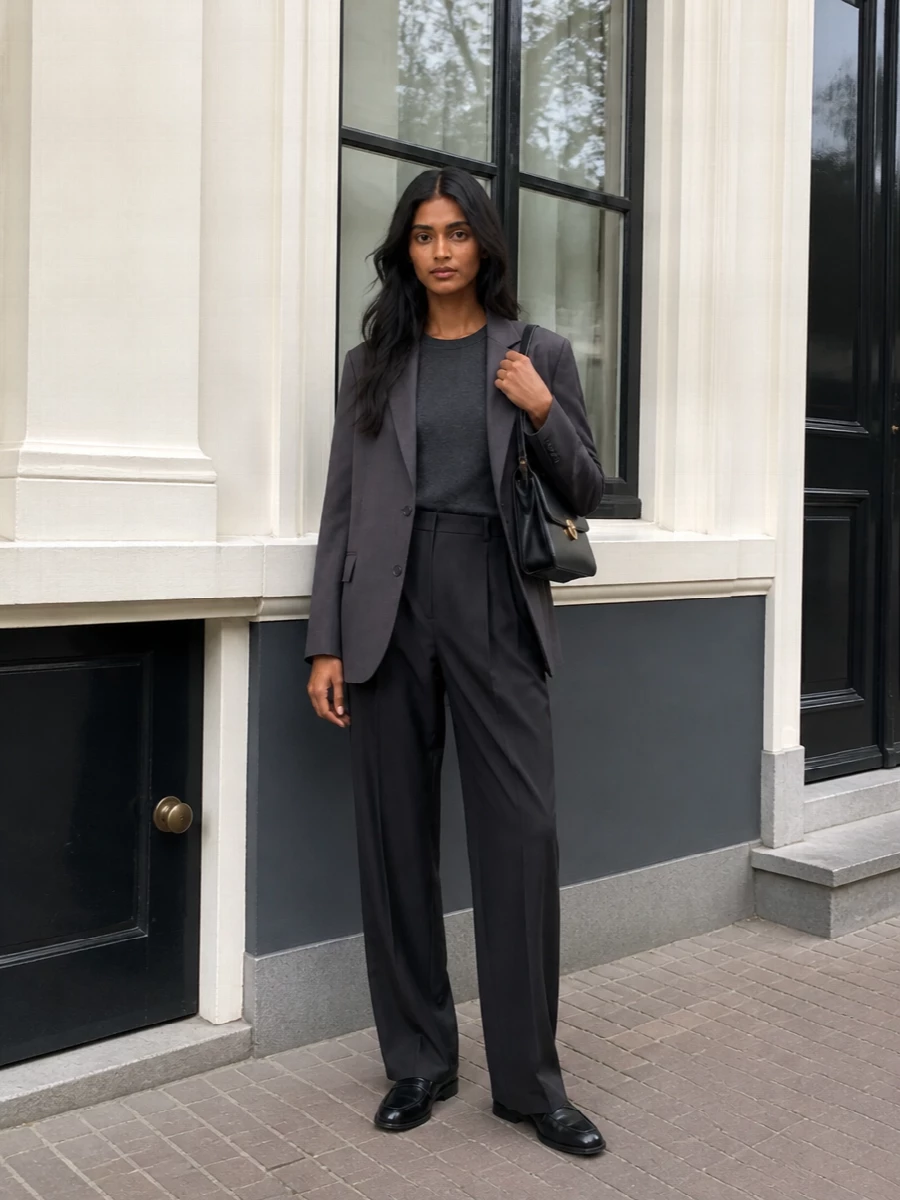 Frankie shop blazer charcoal trousers loafers