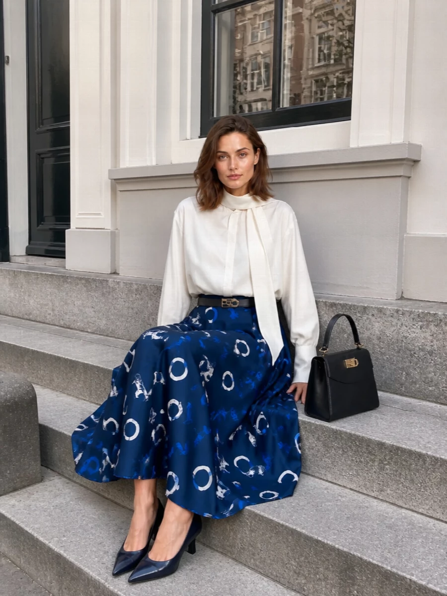 Celine navy midi skirt ivory blouse prada pumps