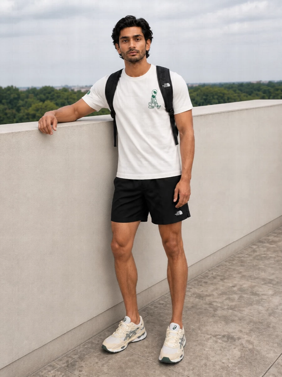 An off white graphic tee meets black technical shorts for a clean, sport driven base that feels easy from pavement to park. Cream and forest runners echo the chest motif, keeping the palette tight while adding subtle texture. A compact black pack finishes it with just enough outdoor utility for daily movement.