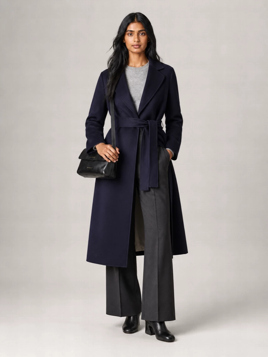I am building around the coat with tailored separates rather than a dress, so the long navy wrap reads as the single dramatic layer over a lean knit and fluid trouser column. The grey sweater and charcoal wide-leg keep the palette deep and restrained, while black sculpted boots and a structured cross-body sharpen the finish for city days and discreet dinners. The result is minimalist, quietly expensive and fully aligned with the coat’s tailored authority.