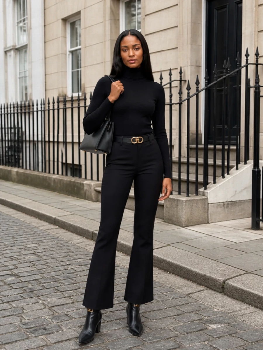 Ferragamo black flared trousers turtleneck ankle boots