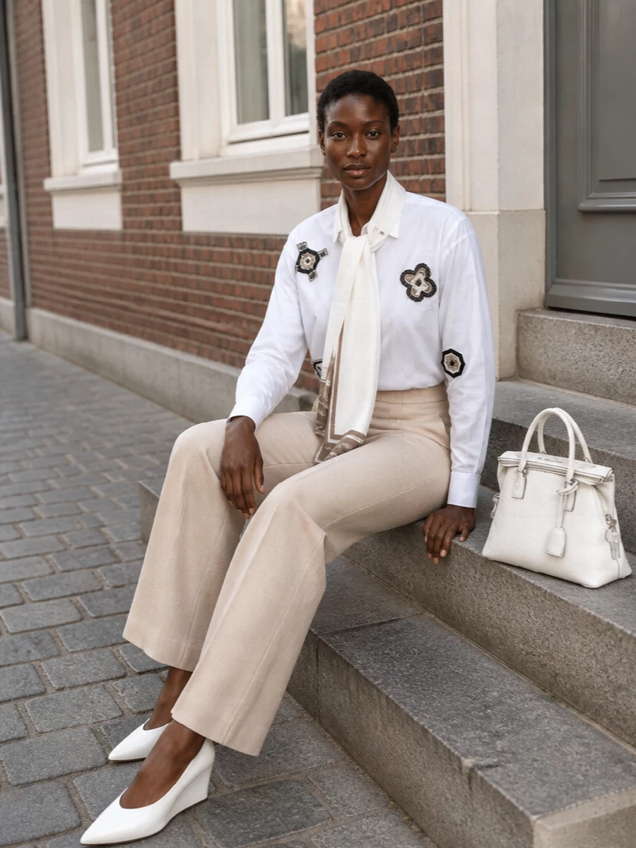 A graphic beaded shirt is grounded with fluid, high-waisted beige tailoring for a calm, elongated line. White architectural wedges keep the palette sharp while the structured white bag quietly reinforces the clean, modern mood. The bordered scarf adds a soft, tonal frame that ties shirt and trouser together without stealing focus.