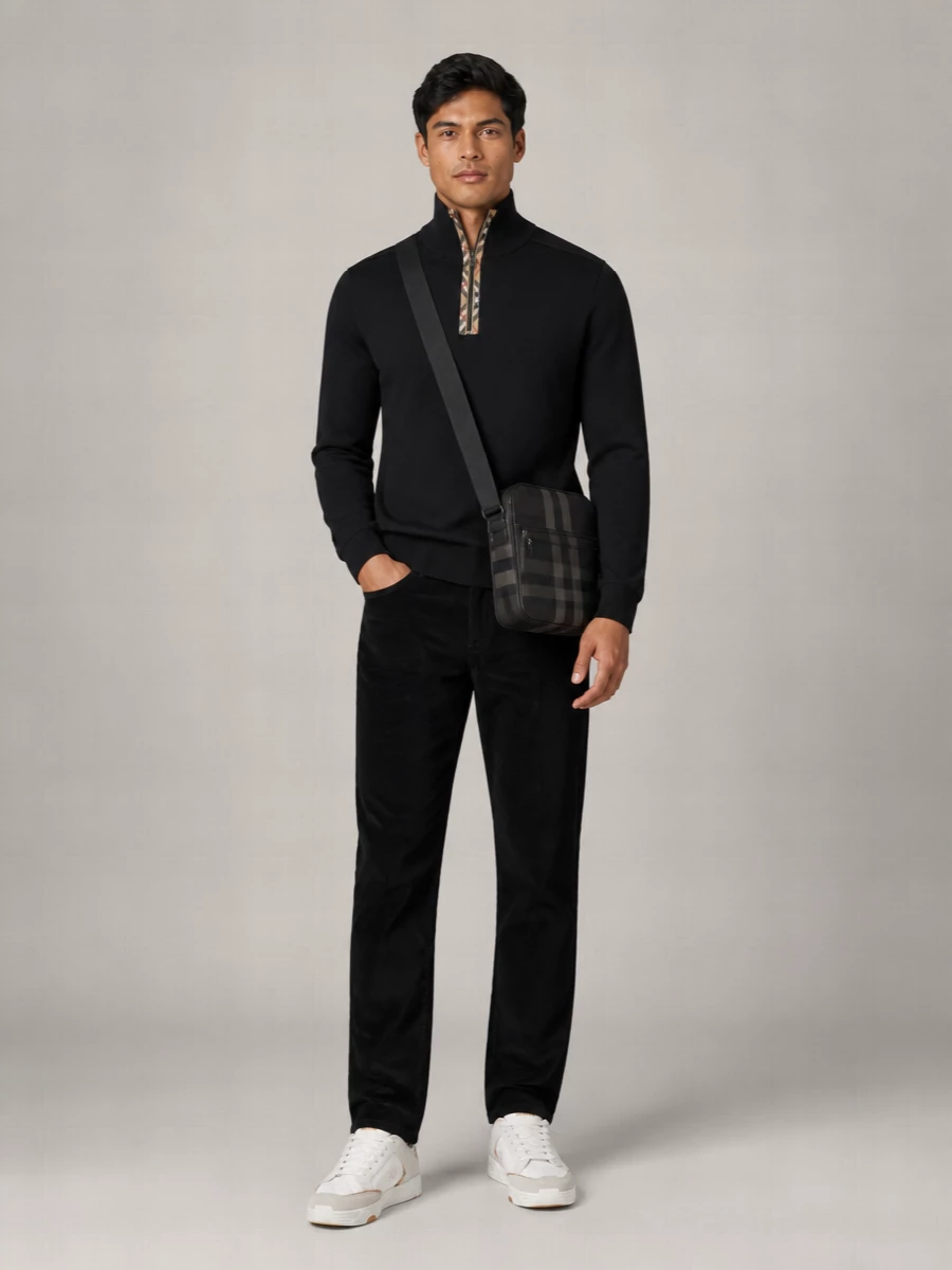 Burberry Wool Ribbed Funnel Neck Half Zip Sweater