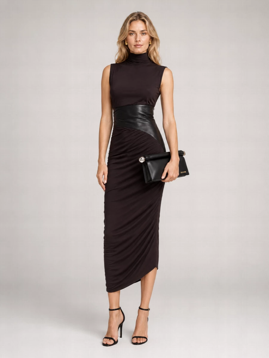 The Andamane Draped Asymmetric Midi Dress