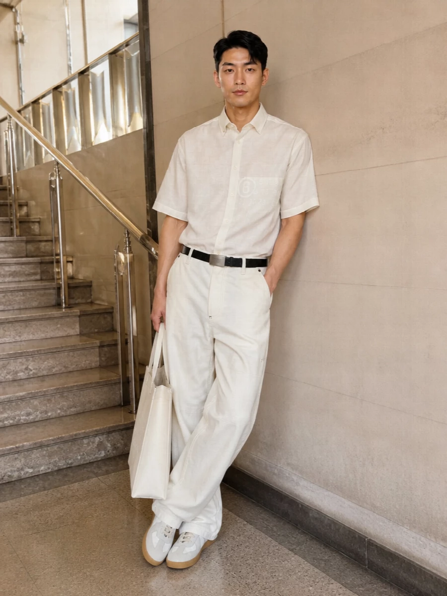 Maison margiela wide leg pants ivory shirt sneakers