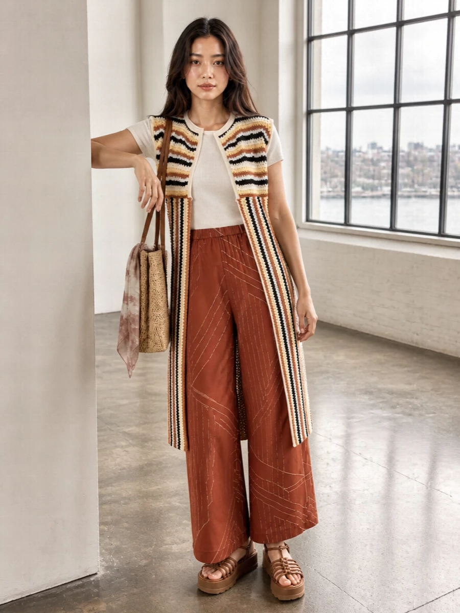 Alysi crochet vest wide leg trousers outfit