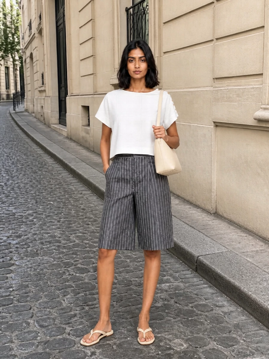 A quietly sharp take on city shorts, pairing crisp monochrome stripes with a clean white top for a fresh, tailored mood. Cream accessories keep the palette soft and considered, while the flat slide and structured bag keep everything relaxed enough for long days on the move. It is office-ready with a blazer, but pared back it feels just as at home for weekend galleries or terrace lunches.