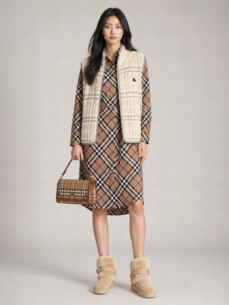 I am styling the fleece gilet over a checked shirt dress rather than a separate top and skirt or trouser, because the single check layer keeps the print story intentional and the silhouette simple under the volume of shearling. The result is a coherent Burberry-focused winter outfit in warm camels and stones, where the cozy ankle boots and compact structured bag balance utility comfort with quiet polish. It feels right for city days when you want a soft, textural layer but still read considered and heritage-driven.